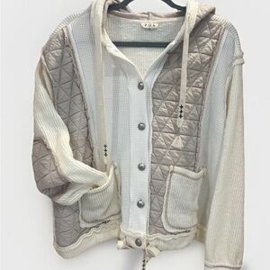 POL Women's Quilted Mixed Media Hoodie jacket  - Cream and Tan